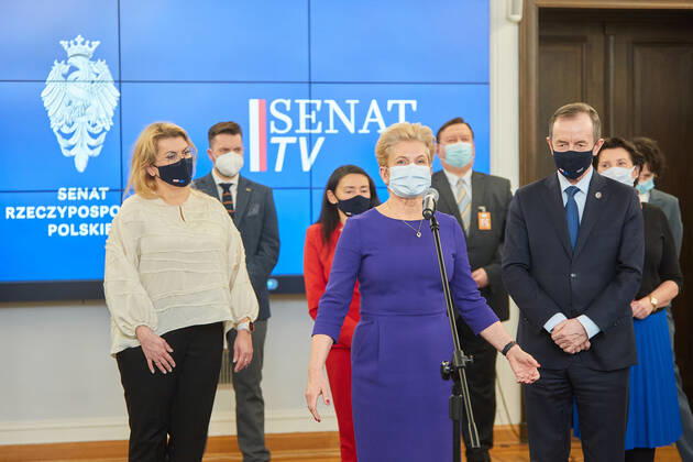 February 16, 2021, Warsaw, Mazovian, Poland: Press Conference With The Participation Of The Marshal Of The Senate, TOMASZ GRODZKI, Senator BEAT MALECKA-LIBERA, Chairman Of The Health Committee, And Members And Experts Of The Committee. The Conference Was Combined With The Presentation Of A Special Film Promoting Vaccination Against COVID-19. .in the picture: BEATA MALECKA-LIBERA, TOMASZ GRODZKI Warsaw Poland - ZUMAm332 20210216_zip_m332_001 Copyright: xHubertxMathisx