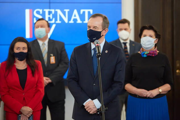 February 16, 2021, Warsaw, Mazovian, Poland: Press Conference With The Participation Of The Marshal Of The Senate, TOMASZ GRODZKI, Senator BEAT MALECKA-LIBERA, Chairman Of The Health Committee, And Members And Experts Of The Committee. The Conference Was Combined With The Presentation Of A Special Film Promoting Vaccination Against COVID-19. .in the picture: TOMASZ GRODZKI Warsaw Poland - ZUMAm332 20210216_zip_m332_004 Copyright: xHubertxMathisx
