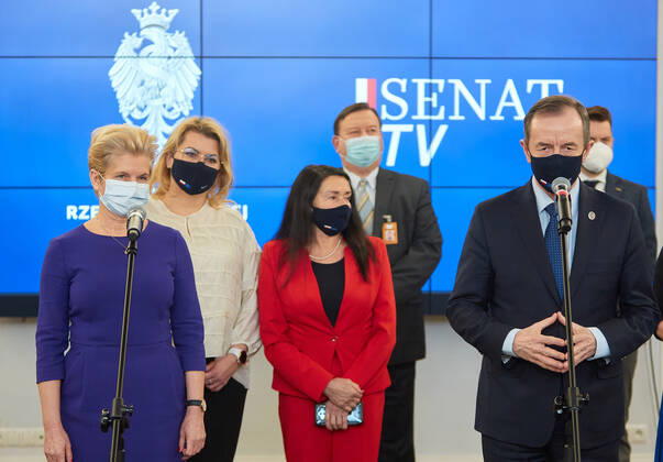 February 16, 2021, Warsaw, Mazovian, Poland: Press Conference With The Participation Of The Marshal Of The Senate, TOMASZ GRODZKI, Senator BEAT MALECKA-LIBERA, Chairman Of The Health Committee, And Members And Experts Of The Committee. The Conference Was Combined With The Presentation Of A Special Film Promoting Vaccination Against COVID-19. .in the picture: BEATA MALECKA-LIBERA, TOMASZ GRODZKI Warsaw Poland - ZUMAm332 20210216_zip_m332_005 Copyright: xHubertxMathisx