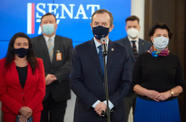 February 16, 2021, Warsaw, Mazovian, Poland: Press Conference With The Participation Of The Marshal Of The Senate, TOMASZ GRODZKI, Senator BEAT MALECKA-LIBERA, Chairman Of The Health Committee, And Members And Experts Of The Committee. The Conference Was Combined With The Presentation Of A Special Film Promoting Vaccination Against COVID-19. .in the picture: TOMASZ GRODZKI Warsaw Poland - ZUMAm332 20210216_zip_m332_006 Copyright: xHubertxMathisx