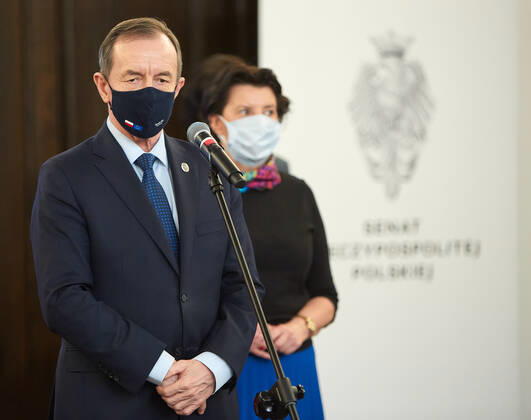 February 16, 2021, Warsaw, Mazovian, Poland: Press Conference With The Participation Of The Marshal Of The Senate, TOMASZ GRODZKI, Senator BEAT MALECKA-LIBERA, Chairman Of The Health Committee, And Members And Experts Of The Committee. The Conference Was Combined With The Presentation Of A Special Film Promoting Vaccination Against COVID-19. .in the picture: TOMASZ GRODZKI Warsaw Poland - ZUMAm332 20210216_zip_m332_007 Copyright: xHubertxMathisx