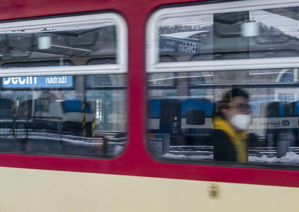 Czech national railway carrier Ceske drahy (CD) will suspend the operation of all trains between Czechia and Germany in both directions as of Sunday due to the anti-epidemic measures. Pictured train of CD in Railway station in Decin, Czech Republic, February 17, 2021. (CTKxPhoto OndrejxHajek) CTKPhotoP202102170558901  HAJ 02