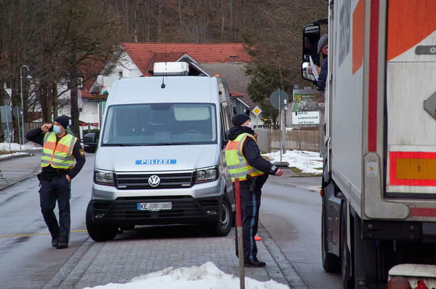 Policemen control every vehicle entering the Weisshaus border from Tyrol, Tirol to Germany due to the Corona virus disease (COVID-19) and mutations. on February 16, 2021 in Füssen, Bavaria, Germany