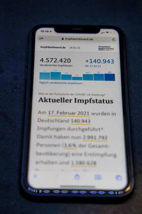 Impfdashboard des Bundesministerium für Gesundheit - Aktueller Impfstatus DEU, Deutschland, Berlin, 18.02.2021: Impfdashboard.de Stand: 18. Februar 2021, 09:45 Uhr, angezeigt auf einem iPhone. Fortschritt der COVIDâ -â 19â -â Impfung.