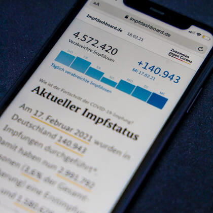 Impfdashboard des Bundesministerium für Gesundheit - Aktueller Impfstatus DEU, Deutschland, Berlin, 18.02.2021: Impfdashboard.de Stand: 18. Februar 2021, 09:45 Uhr, angezeigt auf einem iPhone. Fortschritt der COVIDâ -â 19â -â Impfung.