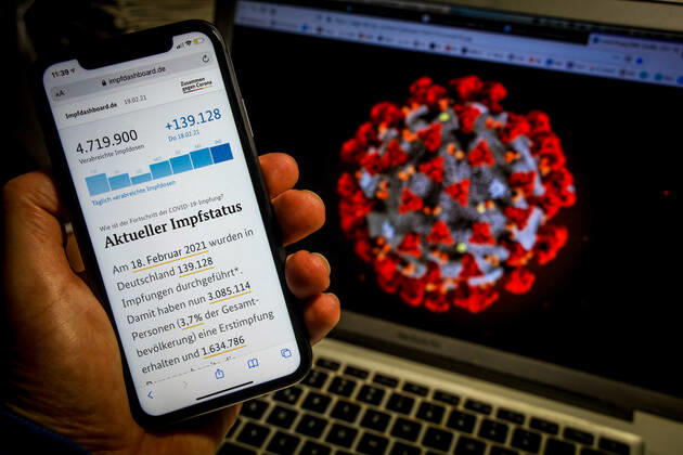 News Bilder des Tages Impfdashboard des Bundesministerium für Gesundheit - Aktueller Impfstatus DEU, Deutschland, Berlin, 19.02.2021: Impfdashboard.de Stand: 19. Februar 2021, 09:40 Uhr, angezeigt auf einem iPhone. Fortschritt der COVIDâ -â 19â -â Impfung.