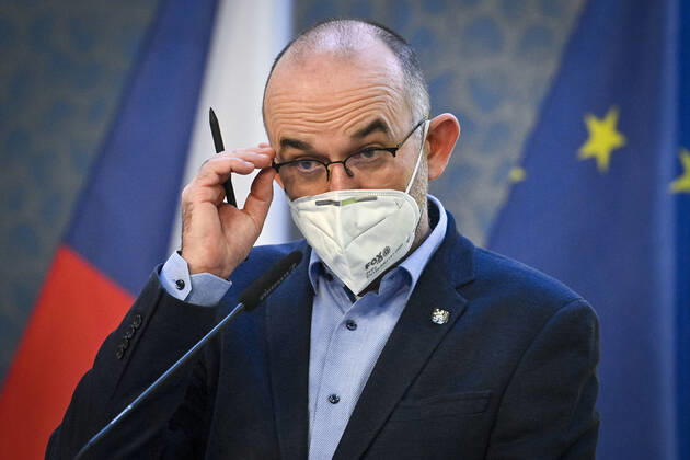 Czech Health Minister Jan Blatny, wearing face mask to prevent the spread of the coronavirus, speaks to journalists during the press conference after the government meeting in Prague, Czech Republic, February 19, 2021. The Czech Health Ministry will order the wearing of respirators, nano masks or two surgical face masks in shops, public transport and other public places with a high concentration of people on Monday, February 22. Various home-made textile masks cannot be considered a significant protection anymore. (CTKxPhoto VitxSimanek) CTKPhotoP202102190398101  VIS 001