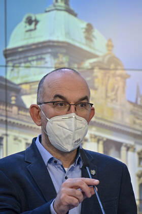 Czech Health Minister Jan Blatny, wearing face mask to prevent the spread of the coronavirus, speaks to journalists during the press conference after the government meeting in Prague, Czech Republic, February 19, 2021. The Czech Health Ministry will order the wearing of respirators, nano masks or two surgical face masks in shops, public transport and other public places with a high concentration of people on Monday, February 22. Various home-made textile masks cannot be considered a significant protection anymore. (CTKxPhoto VitxSimanek) CTKPhotoP202102190400501  VIS 002