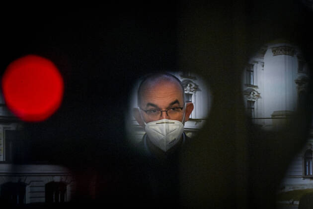 Czech Health Minister Jan Blatny, wearing face mask to prevent the spread of the coronavirus, speaks to journalists during the press conference after the government meeting in Prague, Czech Republic, February 19, 2021. The Czech Health Ministry will order the wearing of respirators, nano masks or two surgical face masks in shops, public transport and other public places with a high concentration of people on Monday, February 22. Various home-made textile masks cannot be considered a significant protection anymore. (CTKxPhoto VitxSimanek) CTKPhotoP202102190403401  VIS 003