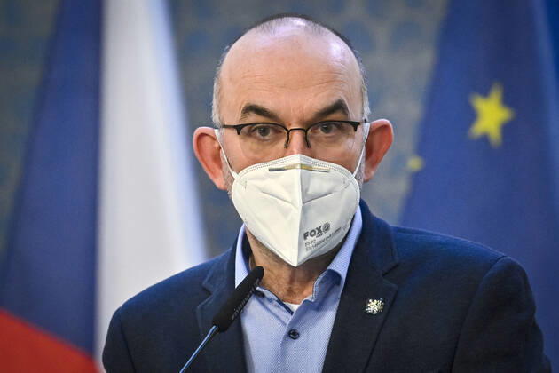 Czech Health Minister Jan Blatny, wearing face mask to prevent the spread of the coronavirus, speaks to journalists during the press conference after the government meeting in Prague, Czech Republic, February 19, 2021. The Czech Health Ministry will order the wearing of respirators, nano masks or two surgical face masks in shops, public transport and other public places with a high concentration of people on Monday, February 22. Various home-made textile masks cannot be considered a significant protection anymore. (CTKxPhoto VitxSimanek) CTKPhotoP202102190428901  VIS 008 K