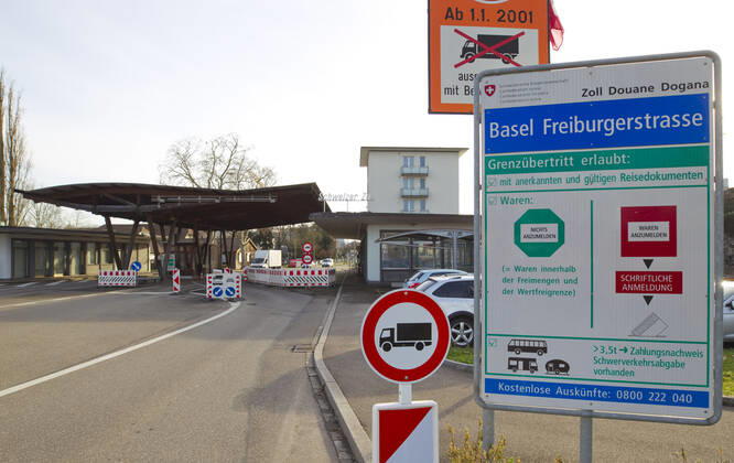 Weil am Rhein, Germany - February 19, 2021: German-Swiss Border in Weil am Rhein Basel. Grenze, Grenzübergang, Schweiz, Zoll, Customs, Douane, Dogana, European Union, Schengen, Traffic, Verkehr, Frontier, Deutschland, Borders, Grenzen, EU, Zollamt, Bundesrepublik, German-Swiss Border in Weil am Rhein and Basel