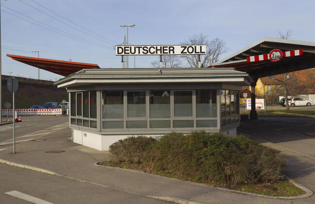 Weil am Rhein, Germany - February 19, 2021: German-Swiss Border in Weil am Rhein Basel. Grenze, Grenzübergang, Schweiz, Zoll, Customs, Douane, Dogana, European Union, Schengen, Traffic, Verkehr, Frontier, Deutschland, Borders, Grenzen, EU, Zollamt, Bundesrepublik, German-Swiss Border in Weil am Rhein and Basel