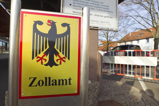 Weil am Rhein, Germany - February 19, 2021: German-Swiss Border in Weil am Rhein Basel. Grenze, Grenzübergang, Schweiz, Zoll, Customs, Douane, Dogana, European Union, Schengen, Traffic, Verkehr, Frontier, Deutschland, Borders, Grenzen, EU, Zollamt, Bundesrepublik, German-Swiss Border in Weil am Rhein and Basel