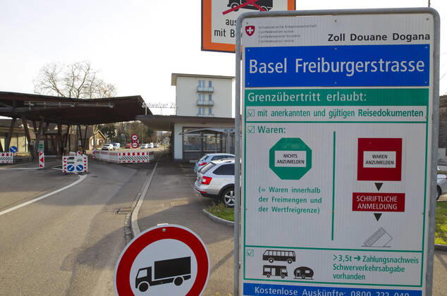 Weil am Rhein, Germany - February 19, 2021: German-Swiss Border in Weil am Rhein Basel. Grenze, Grenzübergang, Schweiz, Zoll, Customs, Douane, Dogana, European Union, Schengen, Traffic, Verkehr, Frontier, Deutschland, Borders, Grenzen, EU, Zollamt, Bundesrepublik, German-Swiss Border in Weil am Rhein and Basel
