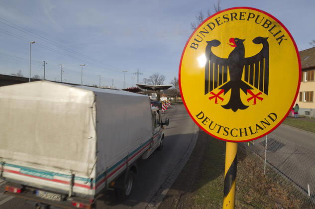 Weil am Rhein, Germany - February 19, 2021: German-Swiss Border in Weil am Rhein Basel. Grenze, Grenzübergang, Schweiz, Zoll, Customs, Douane, Dogana, European Union, Schengen, Traffic, Verkehr, Frontier, Deutschland, Borders, Grenzen, EU, Zollamt, Bundesrepublik, German-Swiss Border in Weil am Rhein and Basel