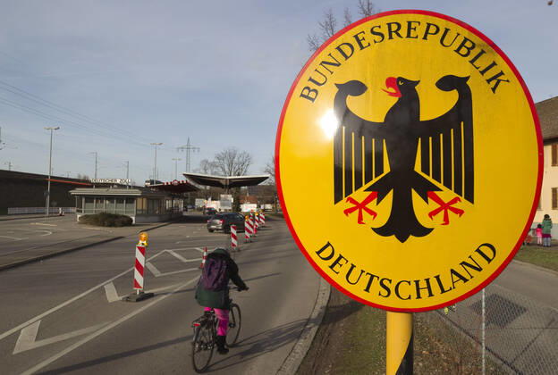 Weil am Rhein, Germany - February 19, 2021: German-Swiss Border in Weil am Rhein Basel. Grenze, Grenzübergang, Schweiz, Zoll, Customs, Douane, Dogana, European Union, Schengen, Traffic, Verkehr, Frontier, Deutschland, Borders, Grenzen, EU, Zollamt, Bundesrepublik, German-Swiss Border in Weil am Rhein and Basel
