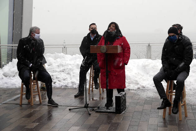 STATEN ISLAND, NY - FEBRUARY 19: New York City Council Member Debi Rose makes remarks at press conference announcing the opening of Empire Outlets vaccination site for Covid-19 specifically for the residents of Staten Island held at Empire Outlets on Staten Island in New York City on February 19, 2021. Copyright: xmpi43 MediaPunchx
