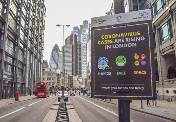 February 20, 2021, London, United Kingdom: Coronavirus Cases Are Rising In London sign in Bishopsgate. .Most businesses remain closed in the capital, as the government plans to ease the lockdown restrictions in the coming weeks. London United Kingdom - ZUMAs197 20210220_zab_s197_001 Copyright: xVukxValcicx