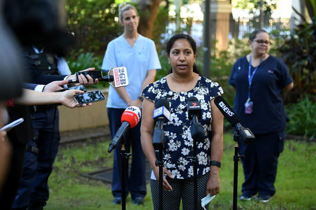 NSW COVID19 VACCINE ROLLOUT, Gayathry Vellangalloor, the first person to receive the Pfizer jab in NSW, speaks to media following the start of the COVID-19 vaccination program at Royal Prince Alfred Hospital in Sydney, Monday, February 22, 2021. ( NO ARCHIVING, EDITORIAL USE ONLY, NO USE IN BOOKS WITHOUT CONSENT SYDNEY NSW AUSTRALIA Copyright: xJOELxCARRETTx 20210222001522239557