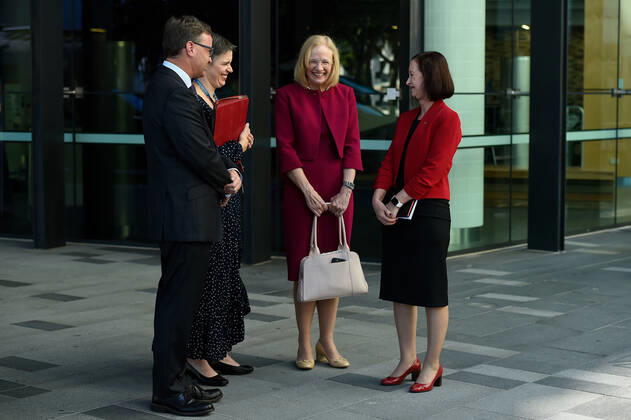 QLD COVID19 VACCINE ROLL OUT, Chief Health Officer Dr Jeannette Young (centre) and Health Minister Yvette D Ath (right) are seen during a media opportunity at the Gold Coast University Hospital on the Gold Coast, Monday, February 22, 2021. Australia will begin its rollout of the Pfizer coronavirus vaccine on Monday, the country s most complicated logistical exercise to date. ( NO ARCHIVING, EDITORIAL USE ONLY, NO USE IN BOOKS WITHOUT CONSENT BRISBANE QLD AUSTRALIA Copyright: xALBERTxPEREZx 20210222001522303137