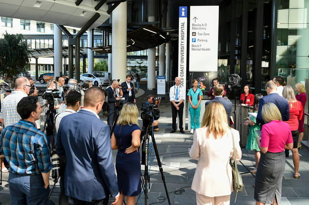 QLD COVID19 VACCINE ROLL OUT, A general view is seen as Health Minister Yvette D?Ath speaks to the media during a media opportunity at the Gold Coast University Hospital in the Gold Coast, Monday, February 22, 2021. Australia will begin its roll out of the Pfizer coronavirus vaccine on Monday, the country s most complicated logistical exercise to date.( NO ARCHIVING, EDITORIAL USE ONLY, NO USE IN BOOKS WITHOUT CONSENT BRISBANE QLD AUSTRALIA  Copyright: xALBERTxPEREZx 20210222001522362859