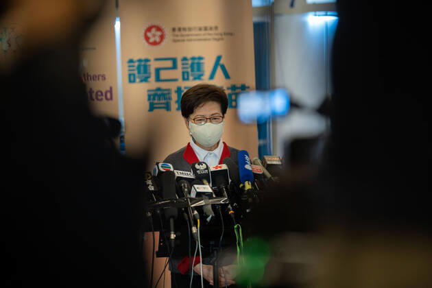 February 22, 2021, Hong Kong, China: Carrie Lam, Hong Kong Chief Executive speaks to the media at the Community Vaccination Centre at the Hong Kong Central Library after getting the COVID-19 vaccination..Hong Kong Chief Executive Carrie Lam and members of her cabinet receive their first dose of of the COVID-19 vaccine in a bid to boost public confidence to the vaccine as the vaccination program for the public will begin on 26th February. Hong Kong China - ZUMAs197 20210222_zaa_s197_001 Copyright: xGeovienxSox