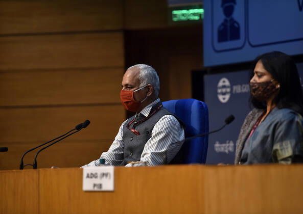 NEW DELHI, INDIA - FEBRUARY 22: Dr Manohar Agnani, Additional Secretary, Ministry of Health and Family Welfare, brieed media at National Media Centre, on February 22, 2021 in New Delhi, India. (Photo by Sanjeev Verma Hindustan Times) Health Ministry Press Conference On Covid 19 Vaccination Drive