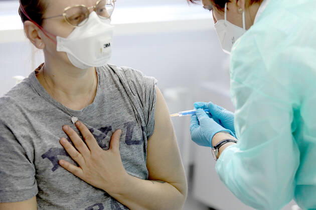 Vaccination in Zagreb, Croatia A woman receive coronavirus disease (COVID-19) vaccine during a mass vaccination in Zagreb, Croatia on February 23, 2021 PatrikxMacek PIXSELL