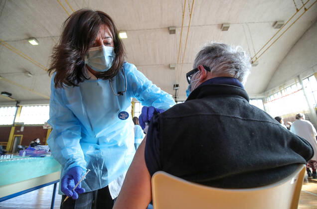 Vaccination in Zagreb, Croatia A man receive coronavirus disease (COVID-19) vaccine during a mass vaccination in Zagreb, Croatia on February 23, 2021 SanjinxStrukic PIXSELL