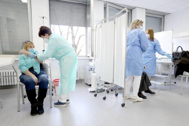 Vaccination in Zagreb, Croatia A woman receive coronavirus disease (COVID-19) vaccine during a mass vaccination in Zagreb, Croatia on February 23, 2021 PatrikxMacek PIXSELL