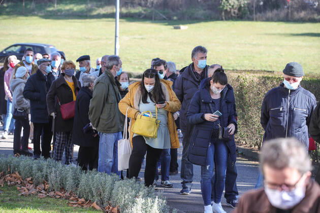 Vaccination in Zagreb, Croatia People wait in line to receive coronavirus disease (COVID-19) vaccine during a mass vaccination in Zagreb, Croatia on February 23, 2021. SanjinxStrukic PIXSELL