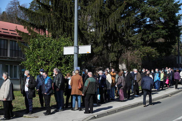Vaccination in Zagreb, Croatia People wait in line to receive coronavirus disease (COVID-19) vaccine during a mass vaccination in Zagreb, Croatia on February 23, 2021. SanjinxStrukic PIXSELL