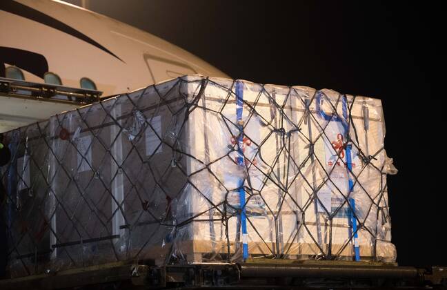 (210223) -- CAIRO, Feb. 23, 2021 -- A batch of China s Sinopharm COVID-19 vaccines are seen in Cairo International Airport, Egypt, Feb. 23, 2021. The shipment of COVID-19 vaccines from Chinese company Sinopharm arrived in Egyptian capital Cairo on Tuesday. ) EGYPT-CAIRO-CHINA-VACCINE-ARRIVAL WuxHuiwo 