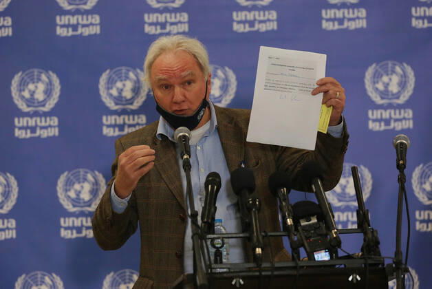 February 24, 2021, Gaza city, Gaza Strip, Palestinian Territory: Director of UNRWA Affairs in Gaza strip, Matthias Schmale, speaks before receiving a dose of coronavirus disease (COVID-19) vaccine at a UN clinic in Gaza City, on February 24, 2021. Palestinians in Gaza began a limited COVID-19 vaccination programme on Monday after receiving doses donated by Russia and the United Arab Emirates, but a wider campaign could be further off as health officials await larger shipments Gaza city Palestinian Territory - ZUMAap3_ 20210224_zaf_ap3_001 Copyright: xAshrafxAmrax