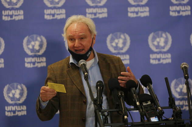 February 24, 2021, Gaza city, Gaza Strip, Palestinian Territory: Director of UNRWA Affairs in Gaza strip, Matthias Schmale, speaks before receiving a dose of coronavirus disease (COVID-19) vaccine at a UN clinic in Gaza City, on February 24, 2021. Palestinians in Gaza began a limited COVID-19 vaccination programme on Monday after receiving doses donated by Russia and the United Arab Emirates, but a wider campaign could be further off as health officials await larger shipments Gaza city Palestinian Territory - ZUMAap3_ 20210224_zaf_ap3_008 Copyright: xAshrafxAmrax