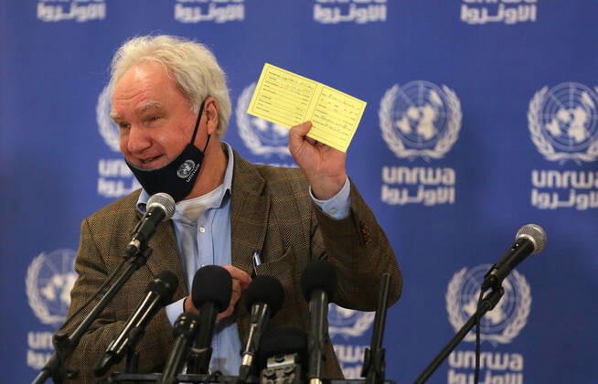 February 24, 2021, Gaza city, Gaza Strip, Palestinian Territory: Director of UNRWA Affairs in Gaza strip, Matthias Schmale, speaks before receiving a dose of coronavirus disease (COVID-19) vaccine at a UN clinic in Gaza City, on February 24, 2021. Palestinians in Gaza began a limited COVID-19 vaccination programme on Monday after receiving doses donated by Russia and the United Arab Emirates, but a wider campaign could be further off as health officials await larger shipments Gaza city Palestinian Territory - ZUMAap3_ 20210224_zaf_ap3_010 Copyright: xAshrafxAmrax