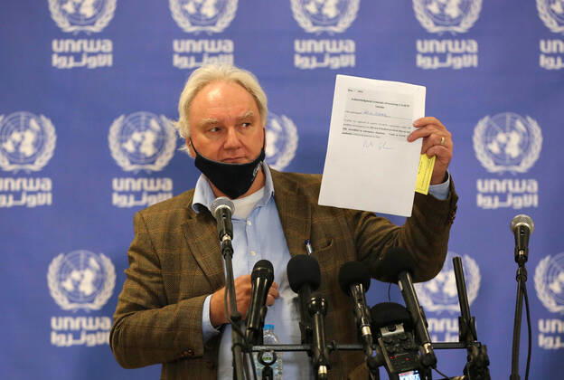 February 24, 2021, Gaza city, Gaza Strip, Palestinian Territory: Director of UNRWA Affairs in Gaza strip, Matthias Schmale, speaks before receiving a dose of coronavirus disease (COVID-19) vaccine at a UN clinic in Gaza City, on February 24, 2021. Palestinians in Gaza began a limited COVID-19 vaccination programme on Monday after receiving doses donated by Russia and the United Arab Emirates, but a wider campaign could be further off as health officials await larger shipments Gaza city Palestinian Territory - ZUMAap3_ 20210224_zaf_ap3_012 Copyright: xAshrafxAmrax