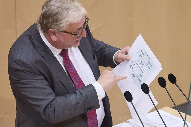 - Wien 24.02.2021 - Parlament Nationalrat - Heute fand im Nationalrat eine reguläre Sitzung statt mit den Themen, gesetzliche Regeln zum Homeoffice, Gratis-CoV-Tests in den Apotheken und Verlängerung zahlreicher CoV-Maßnahmen statt PHOTO: SPÖ-Finanzsprecher Christoph Matznetter (SPÖ) am Rednerpult. Vienna (AUSTRIA) - Today a regular meeting took place in the National Council with the topics, legal rules for home office, free CoV tests in pharmacies and the extension of numerous CoV measures. Nationalrat Sitzung