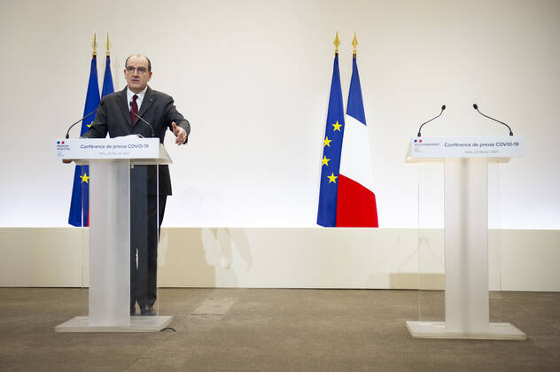 Coronavirus in Frankreich, Jean Castex Pressekonferenz in Paris Jean Castex, premier ministre, donne une conference de presse sur la situation de la pandemie de la Covid 19. NEWS : Conference de presse sur la situation de la pandemie de la Covid 19 - Paris - 25 02 2021 Pool Panoramic  REA_293724