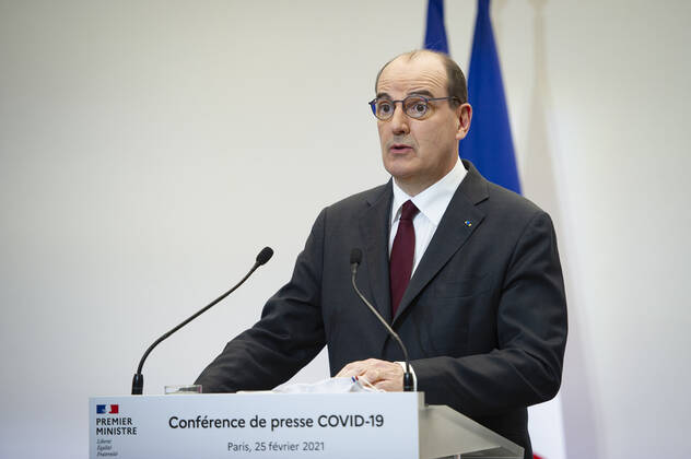 Coronavirus in Frankreich, Jean Castex Pressekonferenz in Paris Jean Castex, premier ministre, donne une conference de presse sur la situation de la pandemie de la Covid 19. NEWS : Conference de presse sur la situation de la pandemie de la Covid 19 - Paris - 25 02 2021 Pool Panoramic  REA_293724