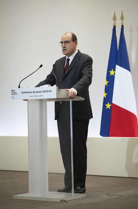 Coronavirus in Frankreich, Jean Castex Pressekonferenz in Paris Jean Castex, premier ministre, donne une conference de presse sur la situation de la pandemie de la Covid 19. NEWS : Conference de presse sur la situation de la pandemie de la Covid 19 - Paris - 25 02 2021 Pool Panoramic  REA_293724