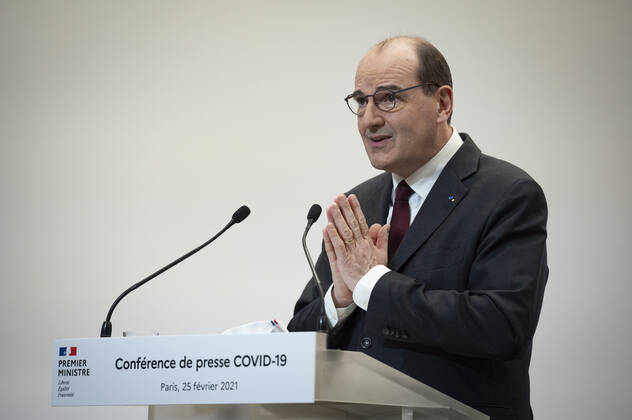 Coronavirus in Frankreich, Jean Castex Pressekonferenz in Paris Jean Castex, premier ministre, donne une conference de presse sur la situation de la pandemie de la Covid 19. NEWS : Conference de presse sur la situation de la pandemie de la Covid 19 - Paris - 25 02 2021 Pool Panoramic  REA_293724