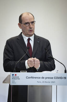 Coronavirus in Frankreich, Jean Castex Pressekonferenz in Paris Jean Castex, premier ministre, donne une conference de presse sur la situation de la pandemie de la Covid 19. NEWS : Conference de presse sur la situation de la pandemie de la Covid 19 - Paris - 25 02 2021 Pool Panoramic  REA_293724