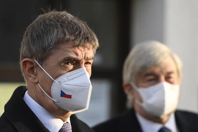 Czech Prime Minister Andrej Babis, left, and director of the Thomayer University Hospital Zdenek Benes, right, attend a press conference on received bamlanivimab anti-COVID drug supply, on February 26, 2021, in Prague, Czech Republic. (CTKxPhoto OndrejxDeml) CTKPhotoP202102260336001  dml 001