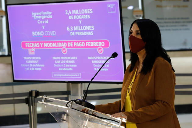 Santiago 26 February 2021 The Minister of Social Development, Karla Rubilar, and the President of BancoEstado, Ricardo de Tezanos, announce the payment of the IFE Covid and Bono Covid for February, which will benefit 2.4 million households Marcelo Hernandez Aton Chile, Santiago Chile Aton 490992 Copyright: MARCELOxHERNANDEZ ATONxCHILE