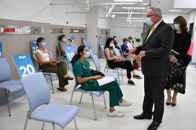 GLADYS BEREJIKLIAN COVID19 VACCINATION HUB TOUR, NSW Health Minister Brad Hazzard speaks with patients after they received their COVID-19 vaccinations during a tour of the Westmead Hospital Vaccination Hub in Sydney, Monday, March 1, 2021. Phase 1a of the nation-wide vaccination program began last week, with healthcare and border workers the first to be vaccinated. ( NO ARCHIVING, EDITORIAL USE ONLY, NO USE IN BOOKS WITHOUT CONSENT SYDNEY NSW AUSTRALIA  Copyright: xDEANxLEWINSx 20210301001523892061