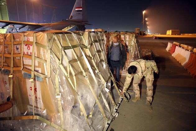 (210302) -- BAGHDAD, March 2, 2021 -- Photo taken on March 2, 2021 shows the COVID-19 vaccines donated by China at an airbase in Baghdad, Iraq. Iraq received a shipment of China s COVID-19 vaccines on Tuesday. ) IRAQ-BAGHDAD-COVID-19-CHINA-VACCINES-ARRIVAL KhalilxDawood 