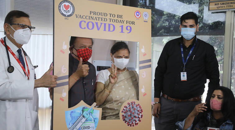 March 2, 2021, New Delhi, India: Indian Health Minister Dr. Harsh Vardhan and his wife Nutan Goel make gestures after receiving their first dose of Covid-19 vaccine COVAXIN during the second phase of the countrywide vaccination drive at Delhi Heart and Lung Institute..Health Minister said every beneficiary should get their second dose after 28 days of first dose after getting vaccinated. COVAXIN is the India first indigenous COVID-19 vaccine developed by Bharat Biotech. New Delhi India - ZUMAs197 20210302_zaa_s197_060 Copyright: xNaveenxSharmax