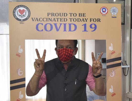 NEW DELHI, INDIA - MARCH 2: Union Minister of Health & Family Welfare, Dr Harsh Vardhan, after take the first dose of COVID19 vaccine at Delhi Heart and Lung Institute panchkuian Road on March 2, 2021 in New Delhi, India. (Photo by Sonu Mehta Hindustan Times) Union Health Minister Harsh Vardhan Take First Dose Of Covid 19 Vaccine