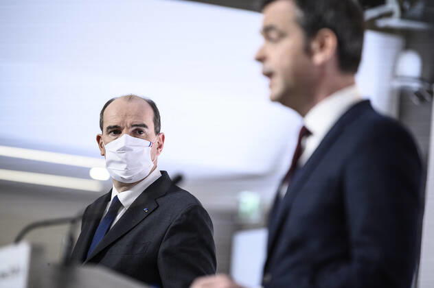 French Health Minister Olivier Veran and French Prime Minister Jean Castex hold a press conference on the French government s current strategy for the ongoing Covid-19 (novel cornavirus) pandemic, on March 4, 2021, in Paris. Le ministre francais de la sante Olivier Veran et le Premier ministre Jean Castex tiennent une conference de presse sur la strategie actuelle du gouvernement francais face a la pandemie actuelle de Covid-19 (nouveau cornavirus), le 4 mars 2021, a Paris. NEWS : Conference de presse du ministre de la Sante et du Premier ministre francais - 04 03 2021 POOL ELIOTBLONDET PANORAMIC  757977_023